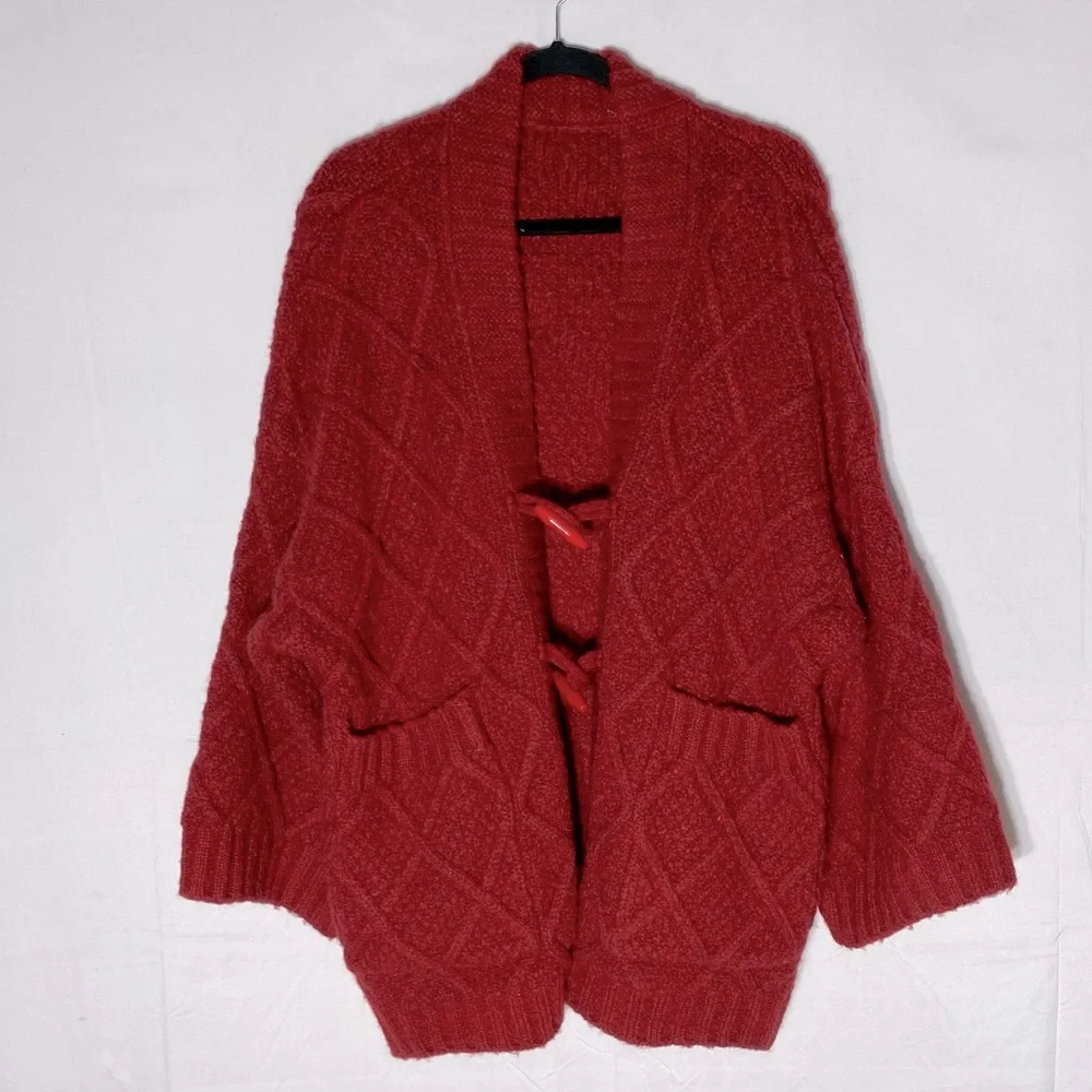 Vintage Oversized Red Chunky Textured Diamond Knit Cardigan Sweater W Toggles XL - Picture 14 of 14
